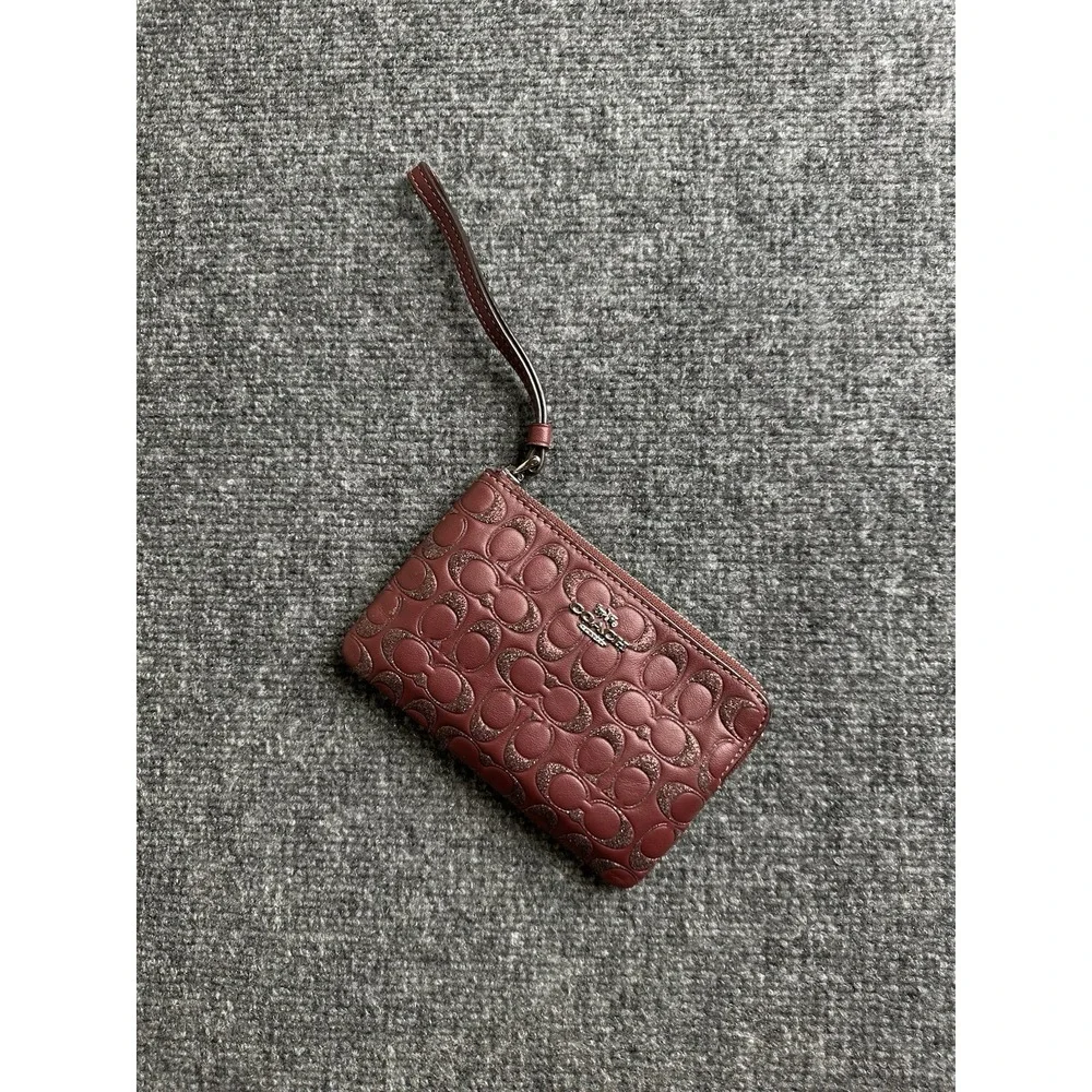 Womens Wristlet Coach Signature C Glitter Burgundy Leather, Size One Size